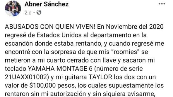 Abner Sánchez denuncia el robo de sus instrumentos