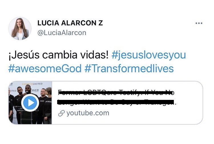 "¡Jesús cambia vidas!" fue el mensaje con el que Lucía Alarcón acompañó un video de un canal cristiano / Imagen: Captura de pantalla, modificada para evitar la dispersión del mensaje violatorio de la ley.