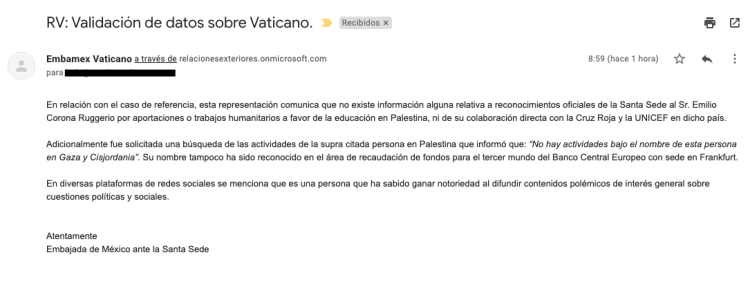 Embajada de México en Vaticano desmiente a Emilio Ruggerio en un correo electrónico.
