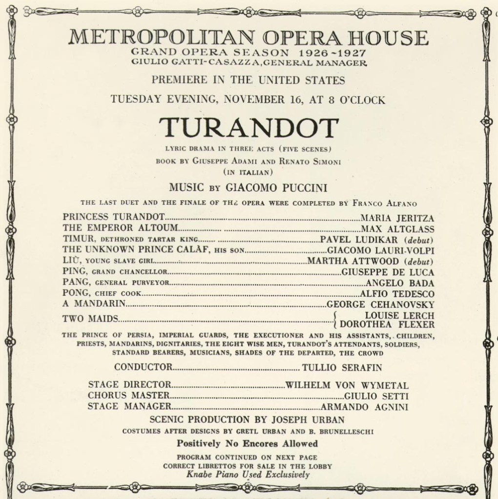 Programa de mano del estreno en Estados Unidos la ópera Turandot, de Puccini, en la temporada 1926-27 de la Metropolitan Opera House.