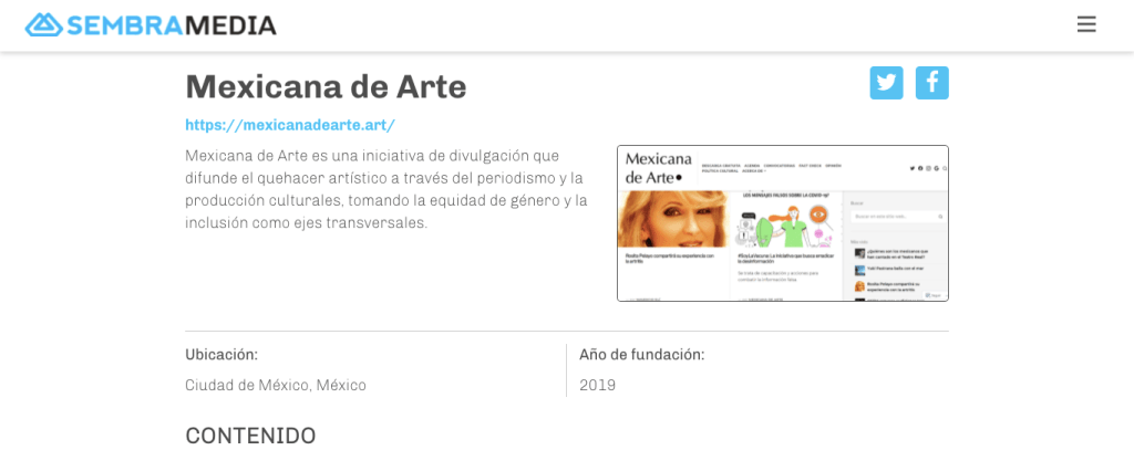 Apartado de Mexicana de Arte en el Directorio de Medios Digitales de Sembramedia